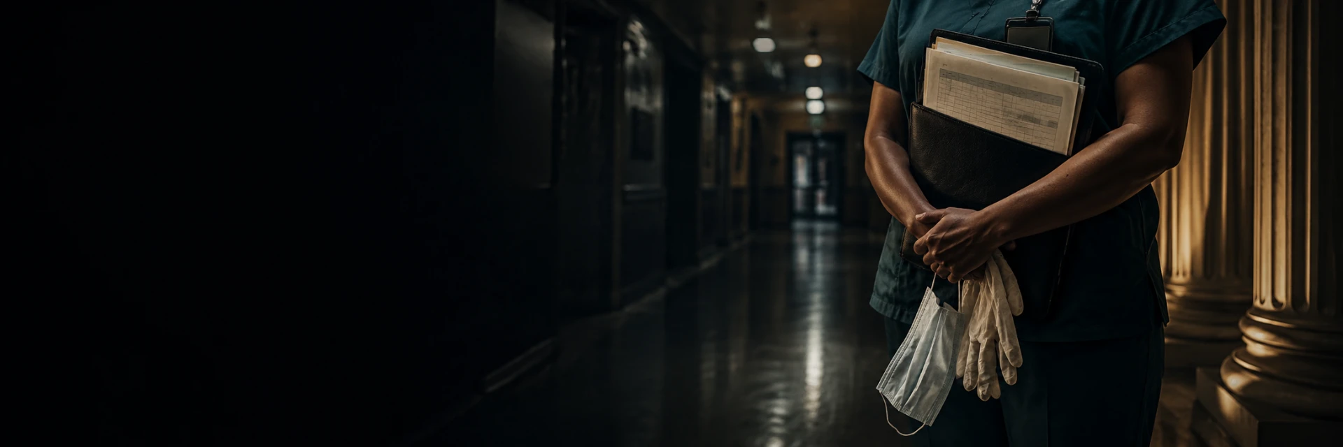 Profissional de saúde em corredor institucional
