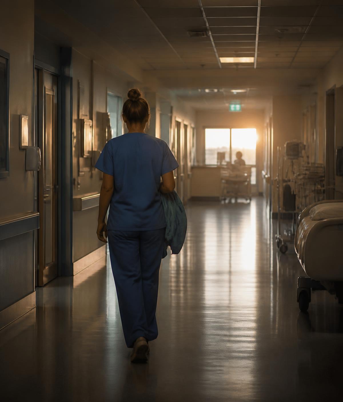 Profissional de saúde caminhando em corredor hospitalar durante a troca de plantão